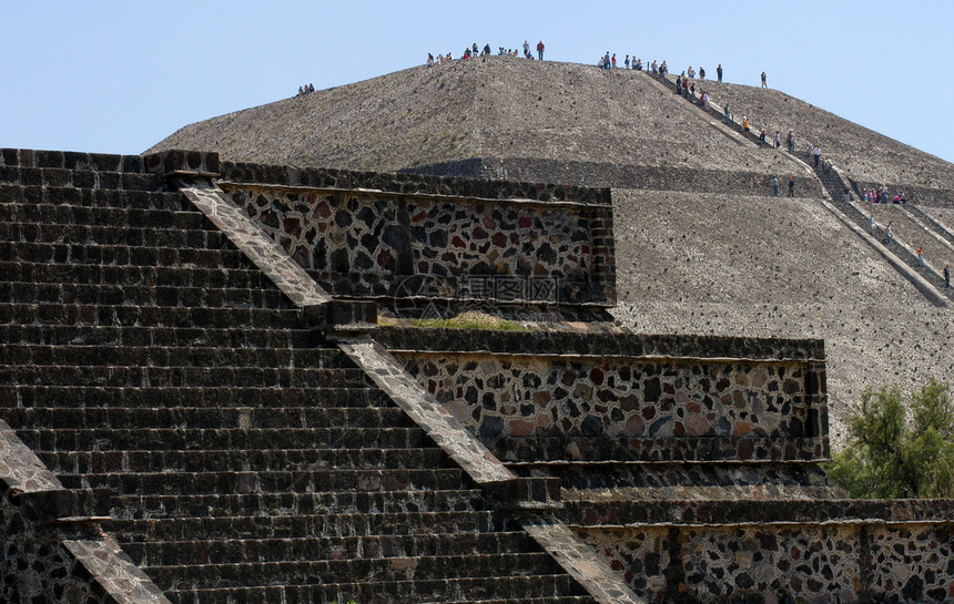 墨西哥Teotihuacan石头文化太阳寺庙牙裔楼梯城市游客金字塔废墟图片