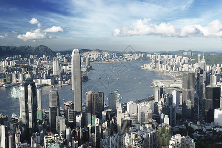 香港市饱和程度低城市海洋旅行街道天际风景蓝色摩天大楼市中心住宅背景图片