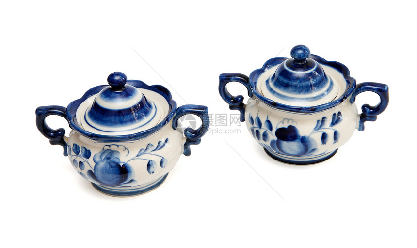 Gzhel是俄罗斯国家手工艺品 大规模生产 高科技和工业装饰蓝色手工业餐具手工制品工艺花朵纪念品陶器图片