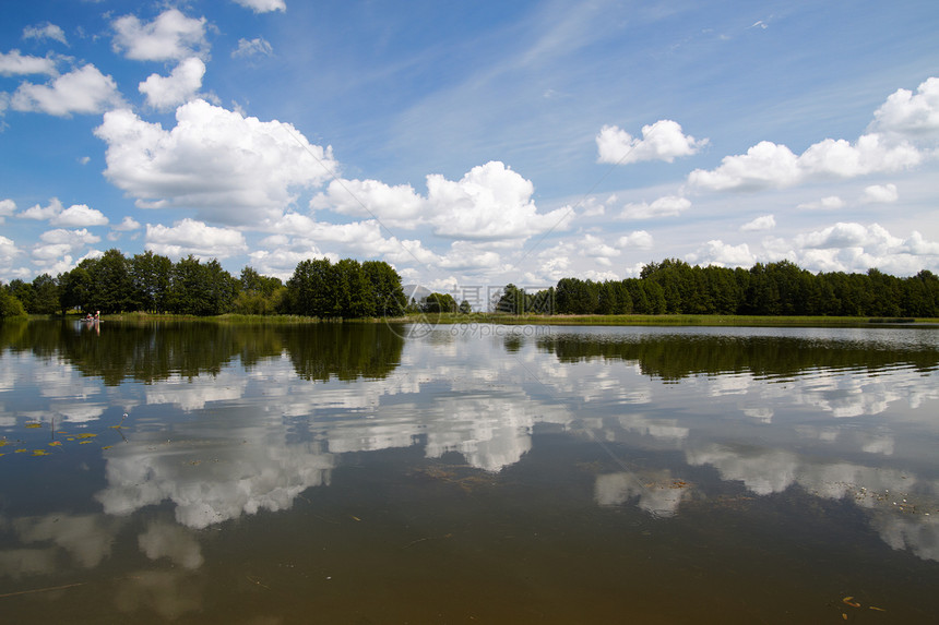 池塘反思支撑树木地平线天空晴天图片