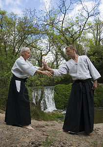 Aikido 师资培训格斗专注训练武士运动瀑布男人成人瞳孔说明背景图片