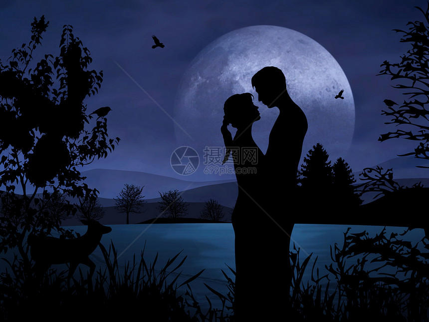 浪漫中的一对情侣月亮拥抱月光阴影情感投标接近度亲戚奉献太阳