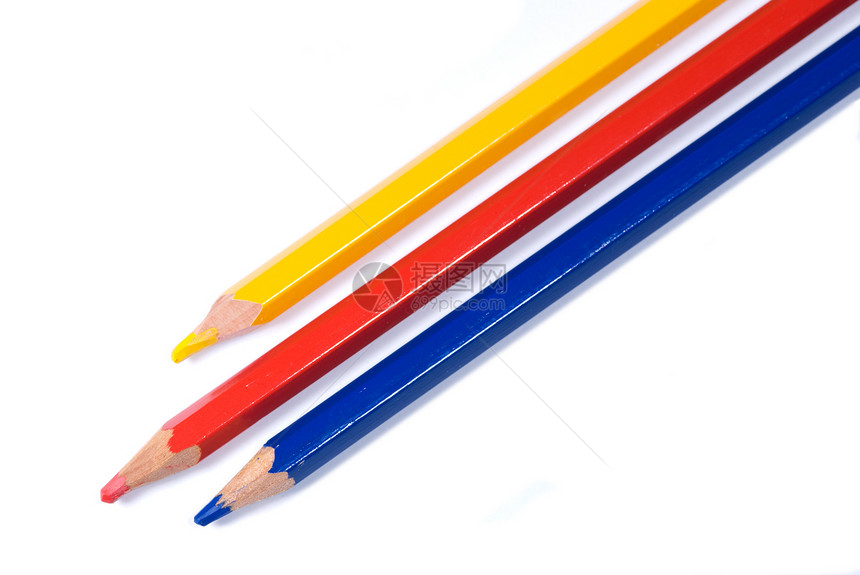 三支彩色铅笔蓝色白色三重奏学校黄色原色学习红色图片