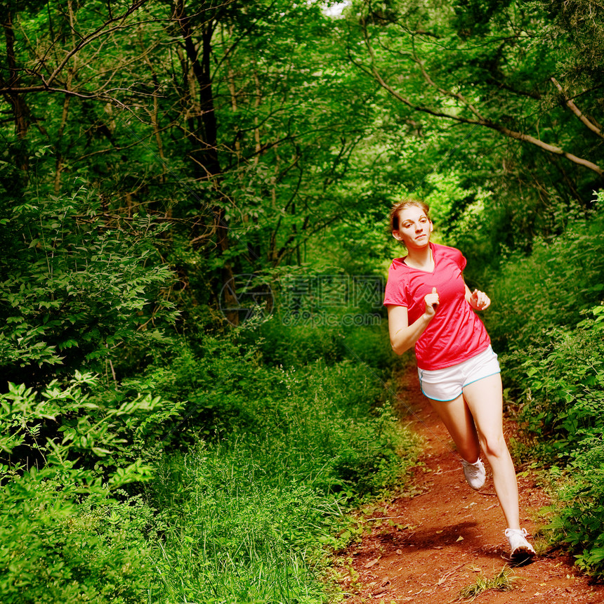 红跑妇女火车森林运动员跑步慢跑女孩成人福利活动活力图片
