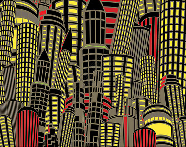 卡通市摩天大楼黄色城市插图景观塔楼建筑学办公室夜生活建筑物背景图片