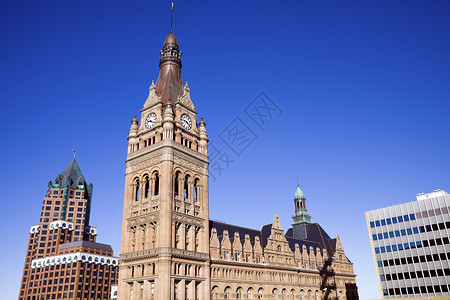 密尔沃基市中心蓝色风光建筑市中心旅行摩天大楼城市名楼全景日出背景图片