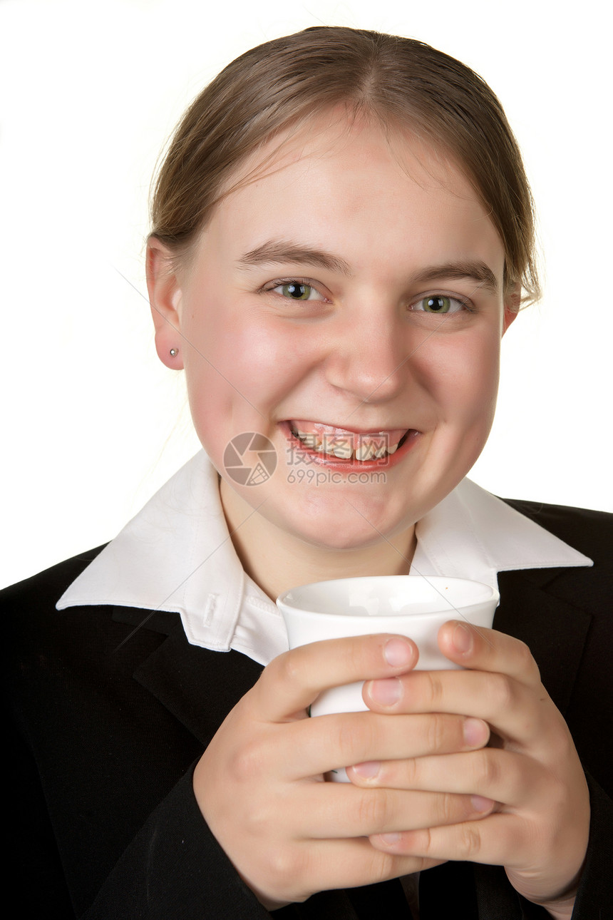 有咖啡的年轻女商务人士女性杯子商业休息白色女孩套装图片