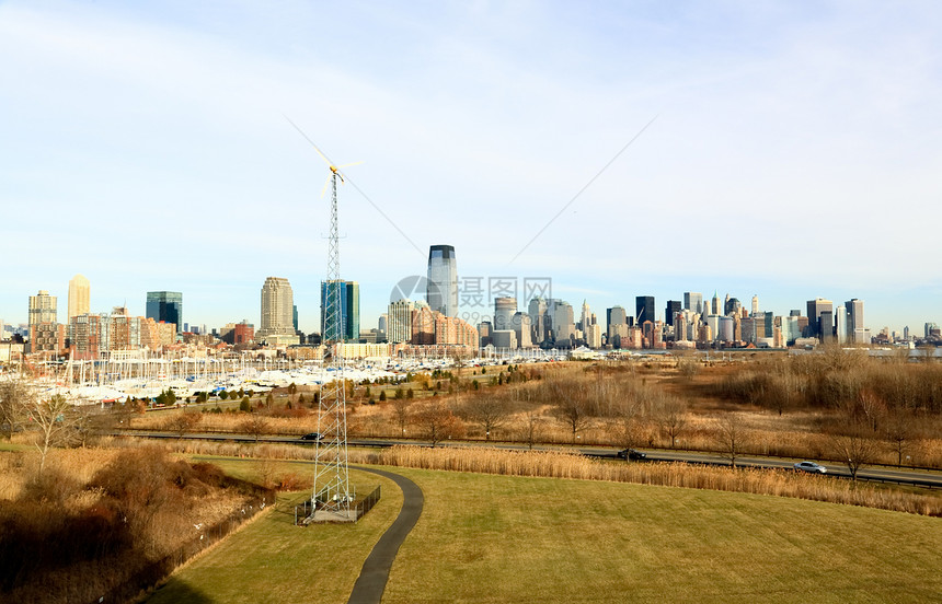 下曼哈顿和自由公园天际风景中心都市港口办公室球衣商业建筑摩天大楼图片