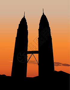 马来西亚日落吉隆坡的Petronas双塔插画