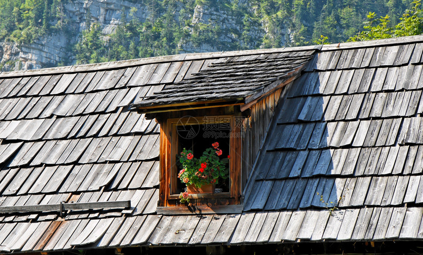 阿尔卑斯山有阁楼的旧木板屋顶图片