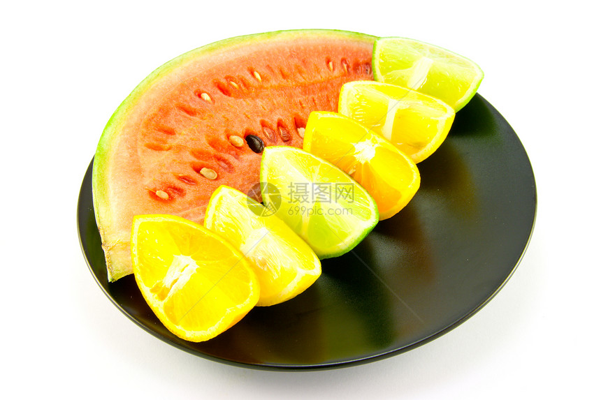 西瓜 有柑橘礁的海沟营养水果早餐收成柠檬橙子甜点热带盘子饮食图片