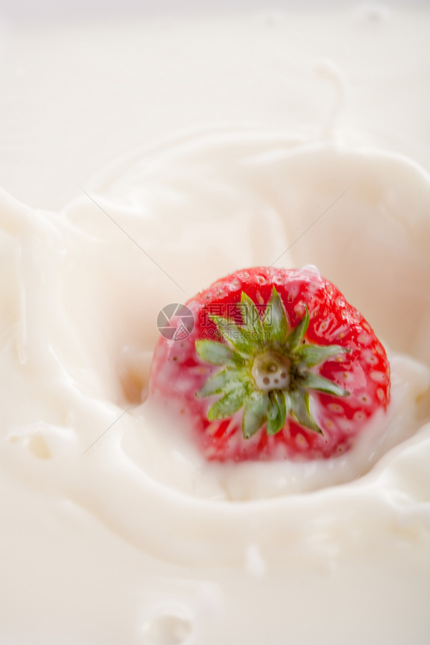 草莓喷洒白色红色牛奶水果图片