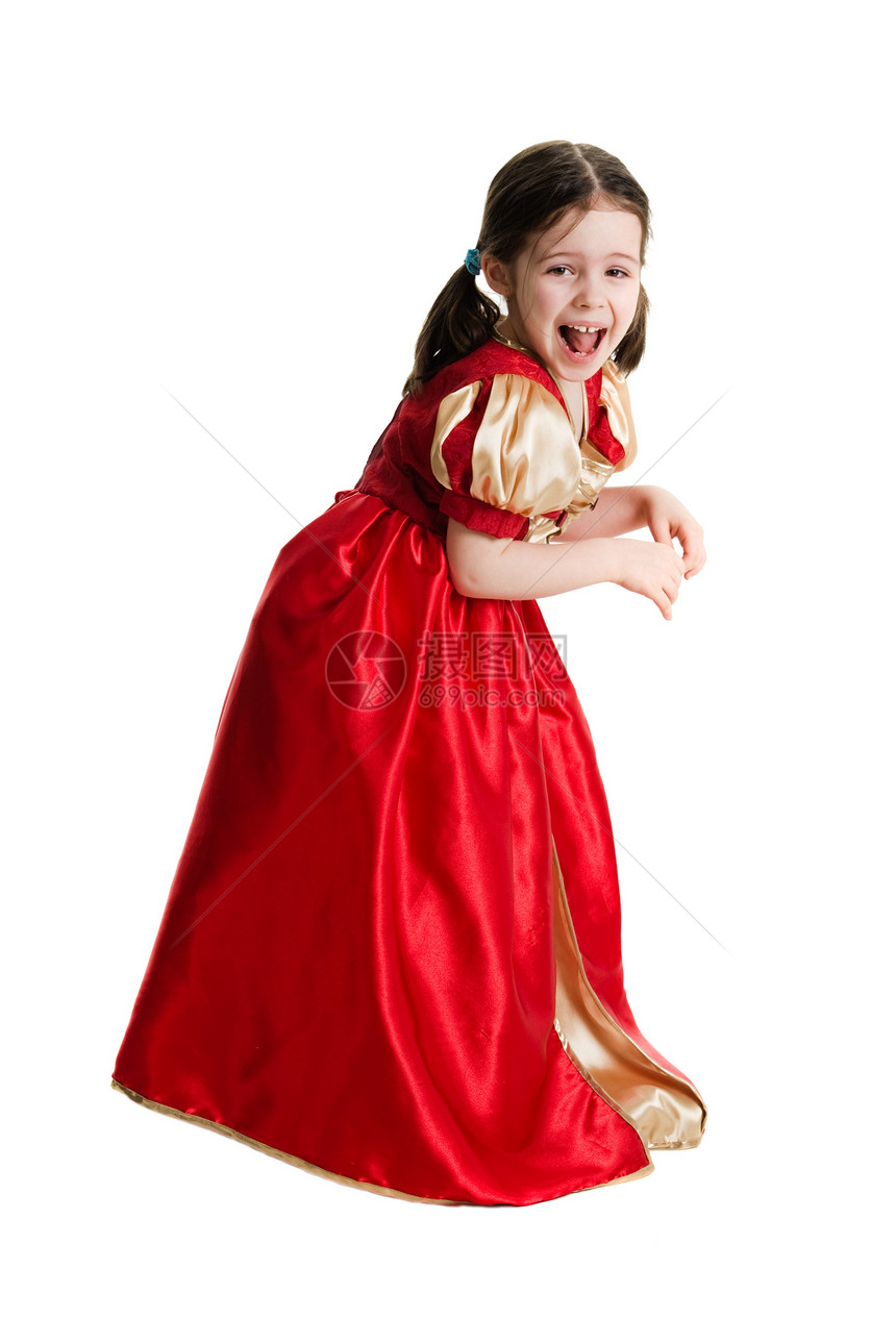 身着白色背景红礼服的年轻女孩青年黑发公主童年儿童幸福裙子冒充红色脆弱性图片
