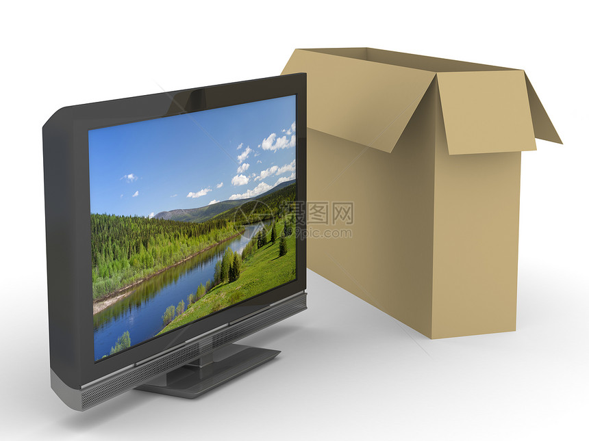 白色背景的电视和盒子 孤立的 3D 图像电影购物屏幕纸板家具薄膜销售技术晶体管电气图片