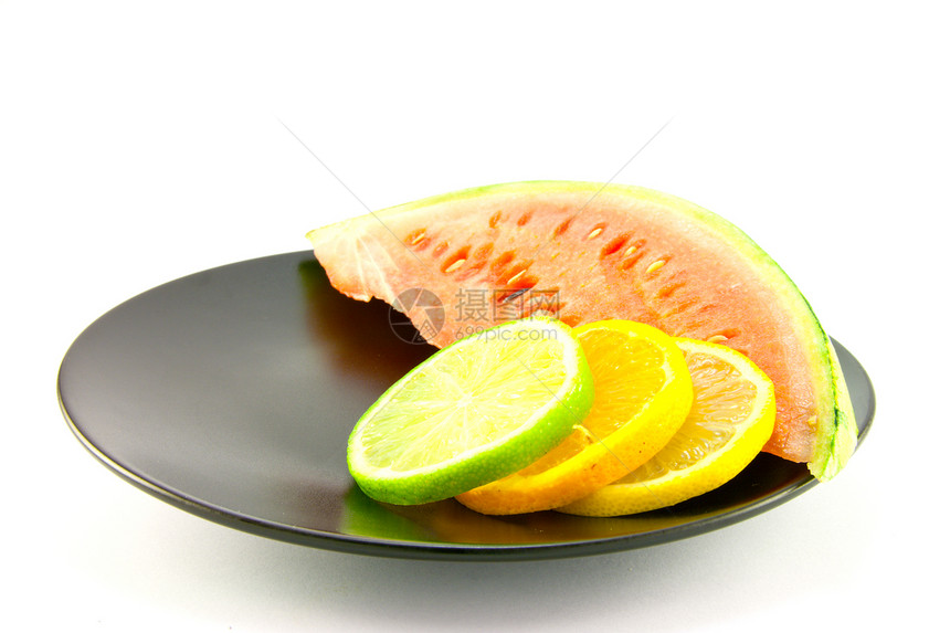 含柠檬 利梅和橙的西瓜水果甜点生产饮食植物食品收成盘子早餐果汁图片