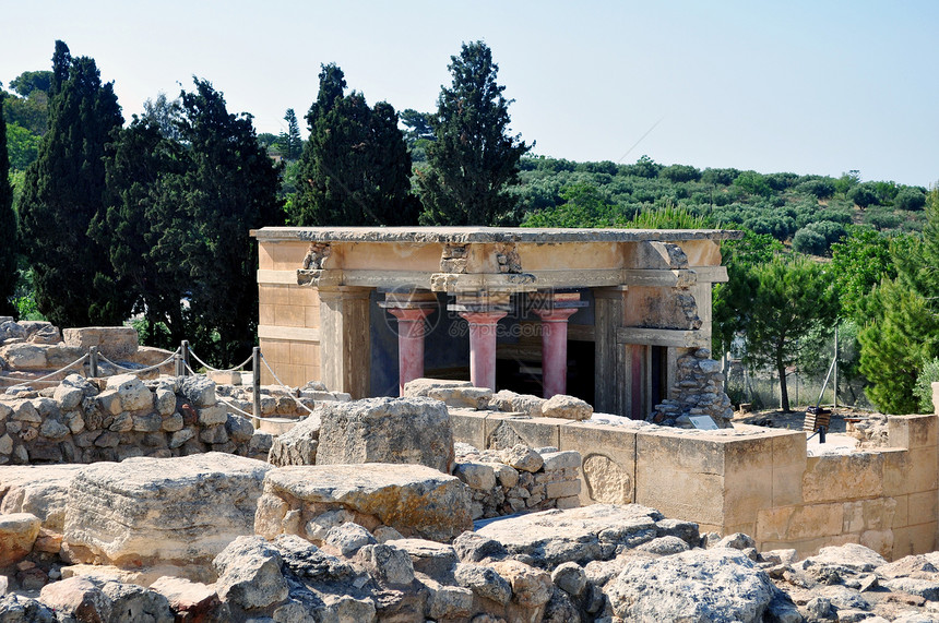 Knossos Crete的考古遗址历史历史性古董柱子废墟文明建筑学考古学游客寺庙图片