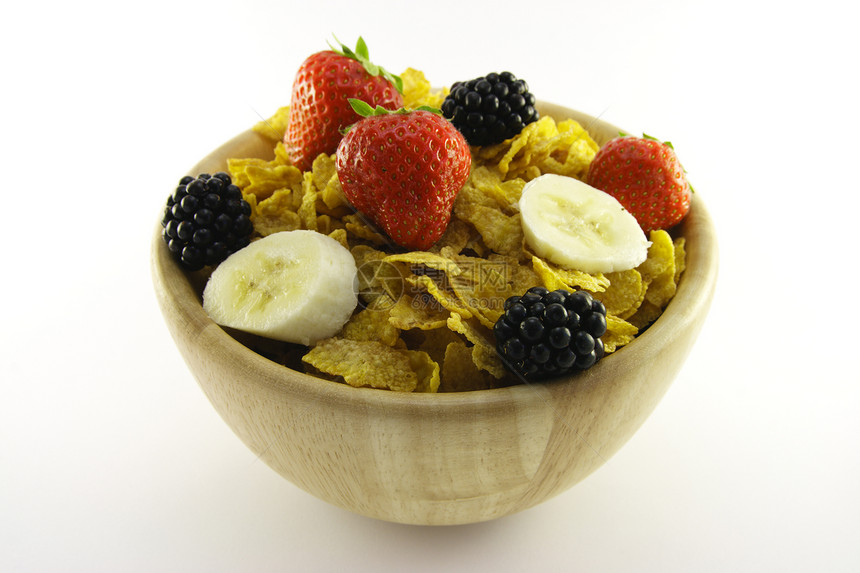 木林碗中的玉米和水果牛奶薄片食物营养小麦小吃午餐厨房饮食玉米片图片