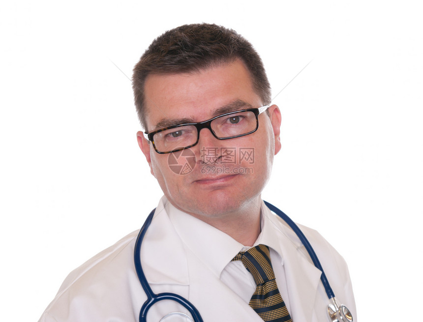 以白色上孤立的微笑医生水平顾问全科外套医院医学关爱实验室药品领带图片