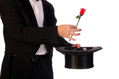 用高帽子和红玫瑰表演玫瑰帽子手指套装娱乐游戏红色乐趣魔法展示背景图片