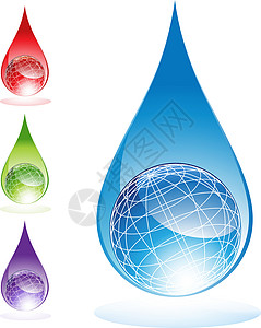 水氧焕肤水环回收行星资源绿色紫色全球金属地球生长水滴插画