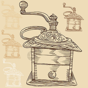 咖啡历史素材干果  咖啡豆子食物乡村木头标识乐器香气机器插图历史插画