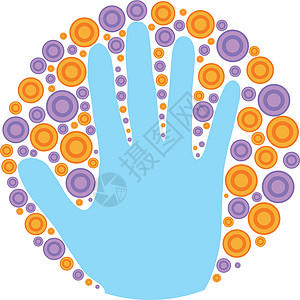 艺术手插图蓝色圆圈手指橙子紫色背景图片