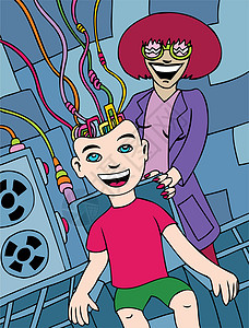 疯狂科学卡通片男生机器人孩子实验室电子人怪人实验插图椅子背景图片