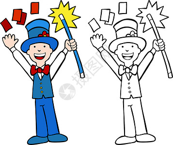 魔术人插图帽子领带男人戏服孩子们染色棍棒魔术师甲板背景图片