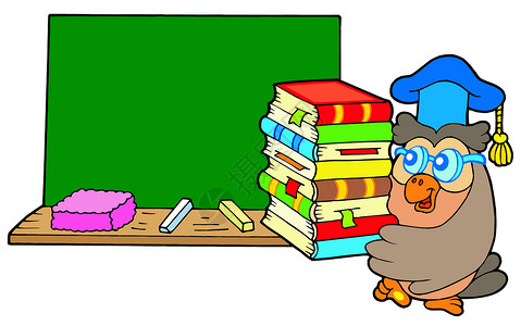 教师猫头鹰带书和黑板的猫头鹰教师图书羽毛艺术卡通片书签知识展示大学体积设计图片
