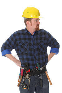 愤怒的建筑工人零售商压力工人维修员工腰带职业头盔领班工具背景图片
