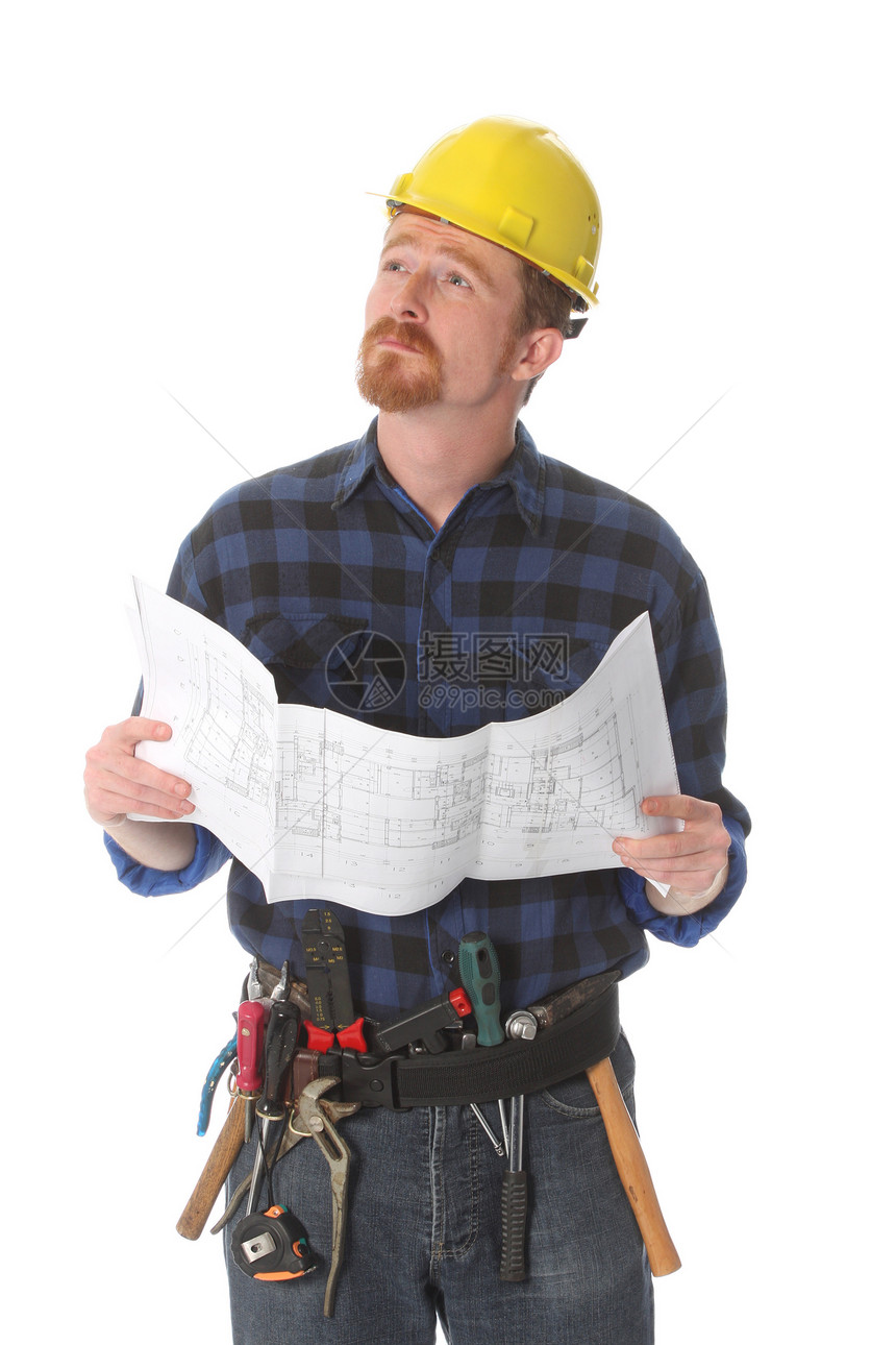 建筑工人以极佳的外表向上看房子维修领班工程师设计师熟练工公司男人腰带导师图片