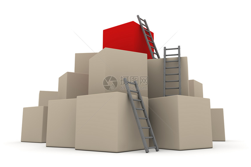 包箱批量  与灰梯一起爬上纸板店铺生长梯子反射插图盒子正方形库存团体图片