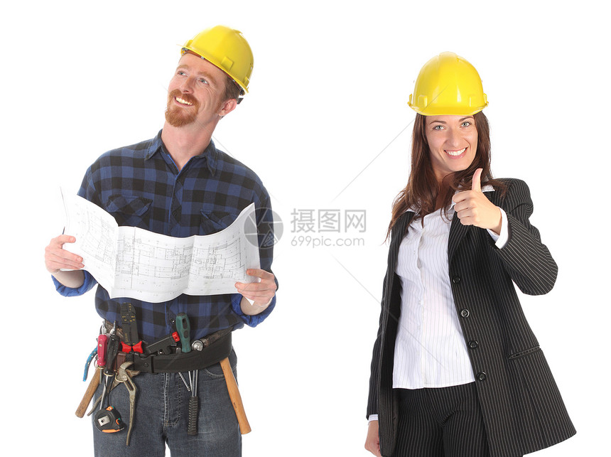 商业女商务人士和建筑工人导师职业工作微笑建筑学头盔工具领班人士导演图片