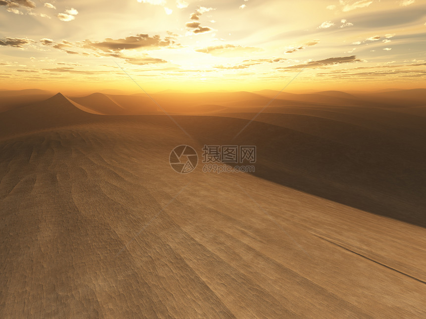 沙漠日落全景晴天橙子太阳日落环境波浪孤独旅游沙丘图片