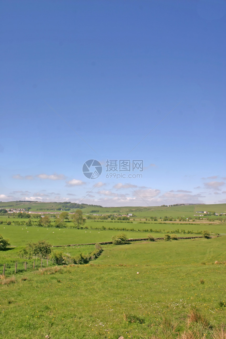 苏格兰乡村地带绿色花园丘陵房屋国家汽车阳光树篱农村山脉图片