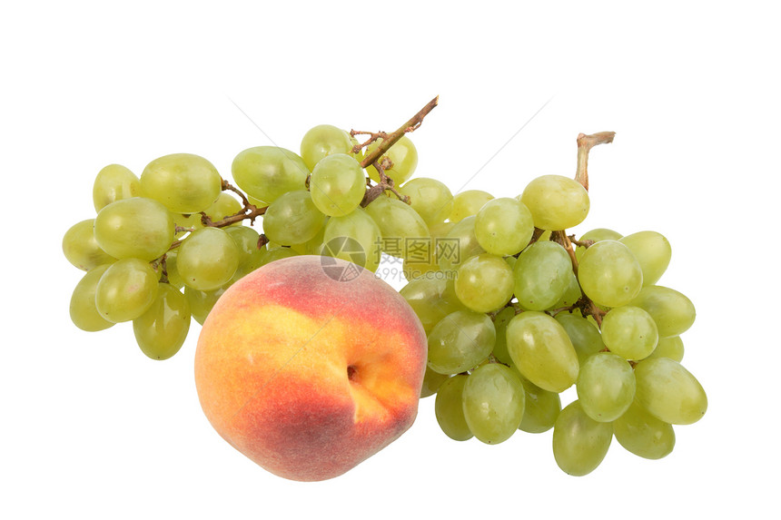 绿色葡萄和橙色桃子宏观黄色工作室农业食物绿色摄影橙子水果小吃图片