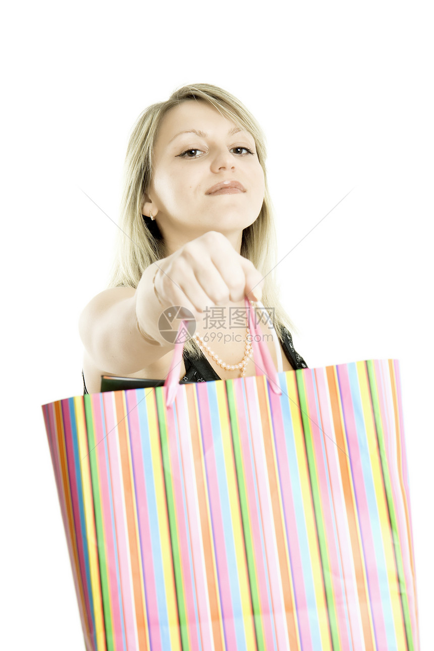 带包裹的快乐女孩身体生日购物者闲暇白色衣服幸福店铺女性青少年图片