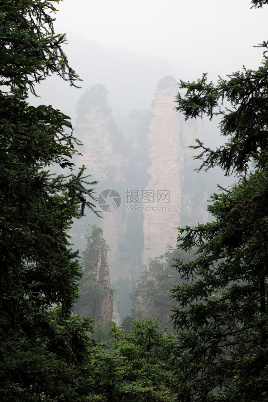 中国国家森林公园     张贾吉岩石树木遗产多云风景公吨柱子森林公园城市图片