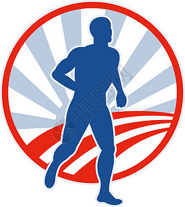 赛跑跑跑步的马拉松跑步运动员男人赛跑者圆圈插图健身条纹身体素质运动太阳男性背景图片