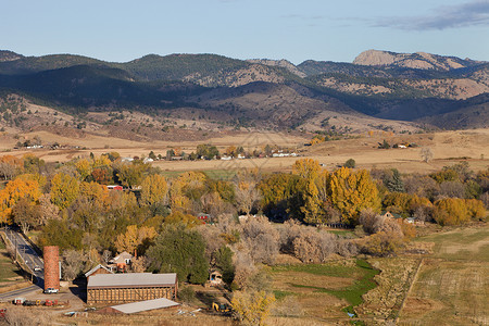 科罗拉多山区村和农田背景图片