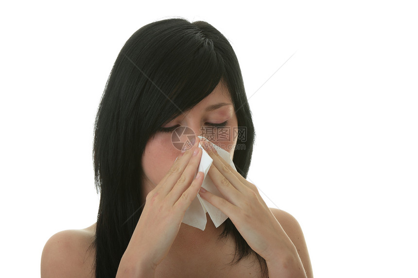 过敏或寒冷的年轻女性症状疼痛病菌围巾手帕女孩保健发烧感染鼻子图片