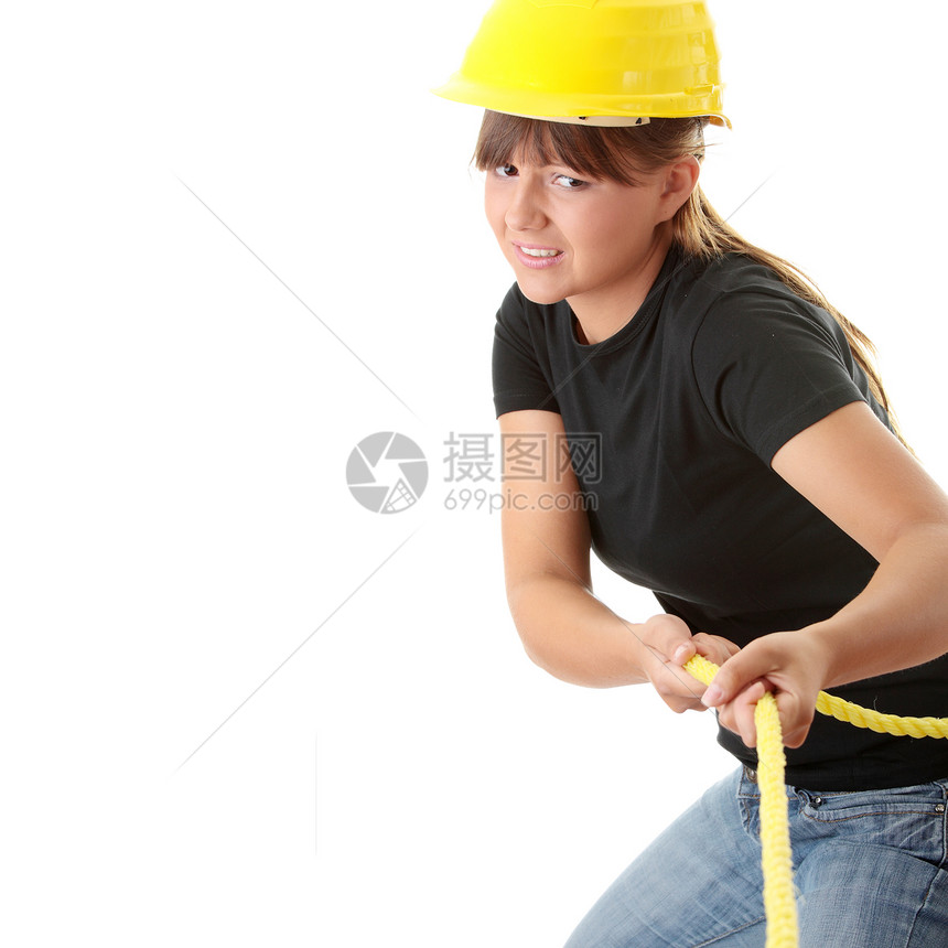 青年妇女建筑工帽子木匠女孩承包商安全职业工具男人维修工作图片