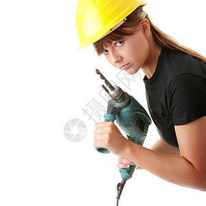 配备钻井机的年轻女性建筑工安全职业女士工作男人木匠建筑机器商业建设者家高清图片素材