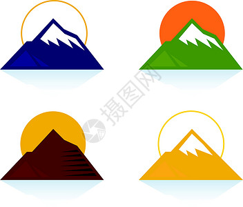 损坏的金字塔白(蓝色 黄色 绿色 棕色)孤立的山区和旅游图标设计图片