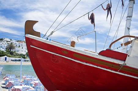 一只红船在海面上鱿鱼背景图片