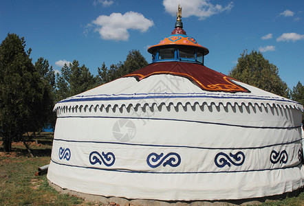 蒙古的加热地标记农场帐篷草地文化天空地标旅行住宅游牧民族多样性山高清图片素材