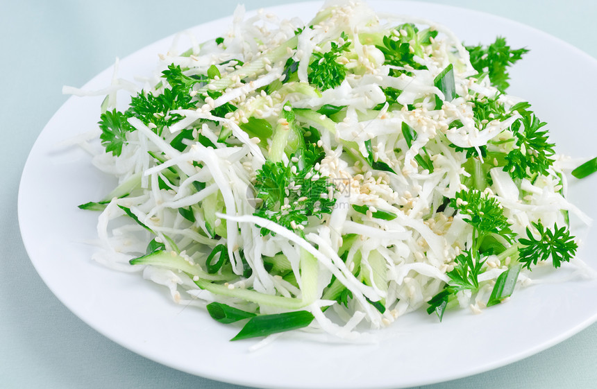 新鲜卷心菜沙拉和含草药和芝麻的黄瓜盘子叶子饮食香料胡椒香菜沙拉蔬菜营养洋葱图片