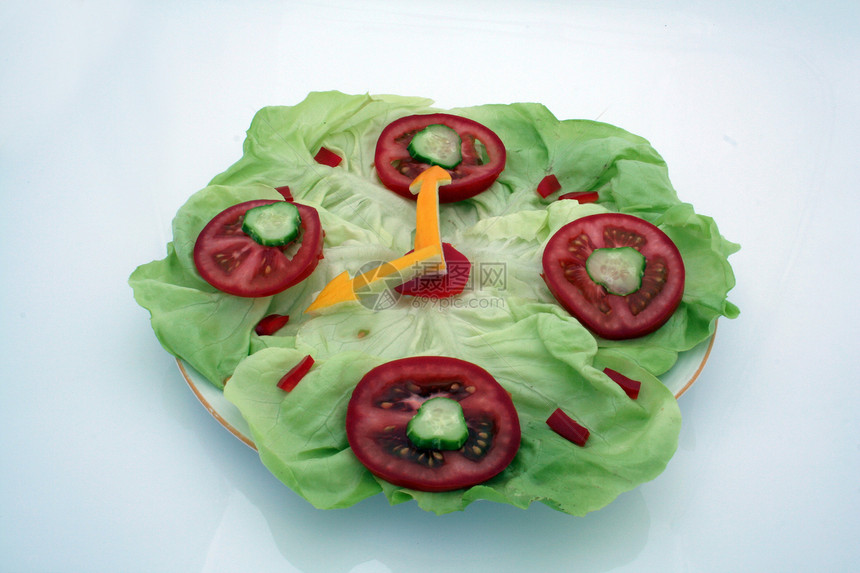 沙拉时钟时间盘子辣椒晚餐食物饮食香菜维生素滴答重量图片