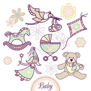 孕婴产品一套婴儿产品展示公告风筝摇篮运输孩子男生插图幸福蓝色插画