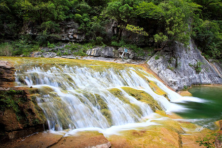 中国云台山的瀑水和级联地质学踪迹蓝色运动吸引力旅行运泰岩石溪流茶点背景图片